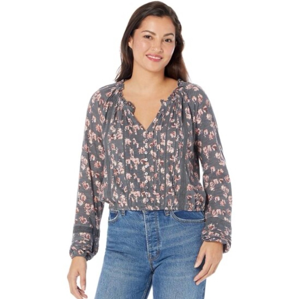 Lucky Brand Embroidered Peasant Lace Trim Top Size Large